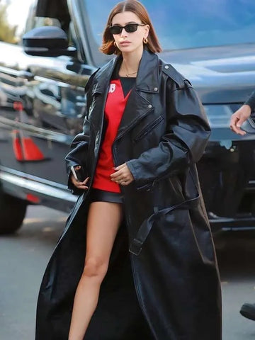 Hailey Bieber Los Angeles Black Leather Coat
