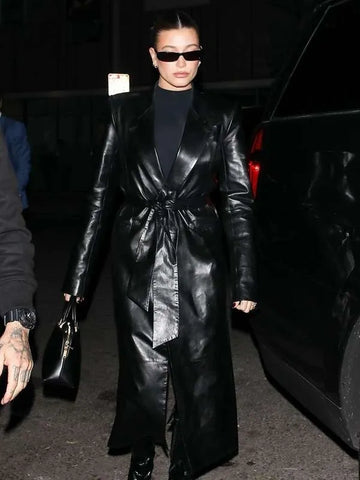 Hailey Bieber Black Leather Coat