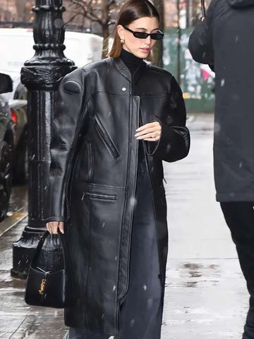 Hailey Bieber 2023 Black Trench Leather Coat