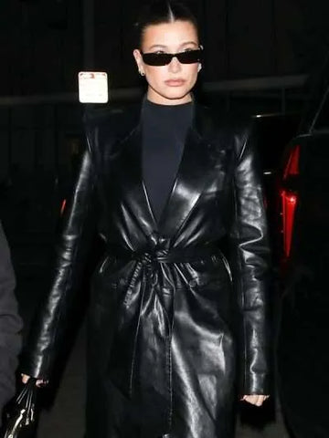 Hailey Bieber 2024 Black Leather Coat