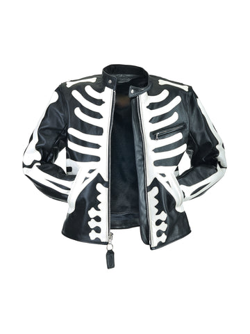 Halloween Skeleton Bones Black Leather Jacket