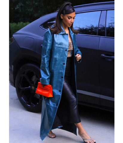 Kim Kardashian Street Wear Blue Trench Coat