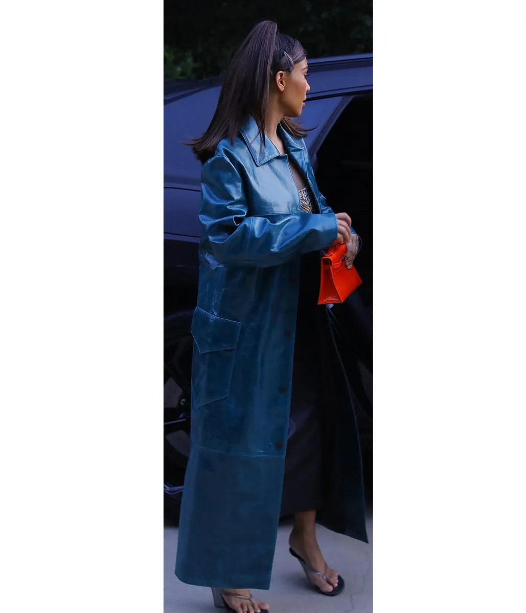 Kim Kardashian Street Wear Blue Trench Coat