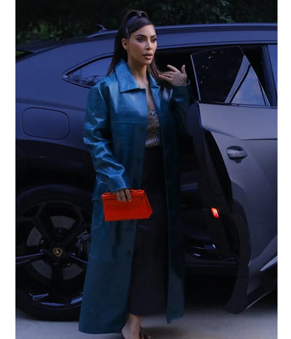 Kim Kardashian Street Wear Blue Trench Coat