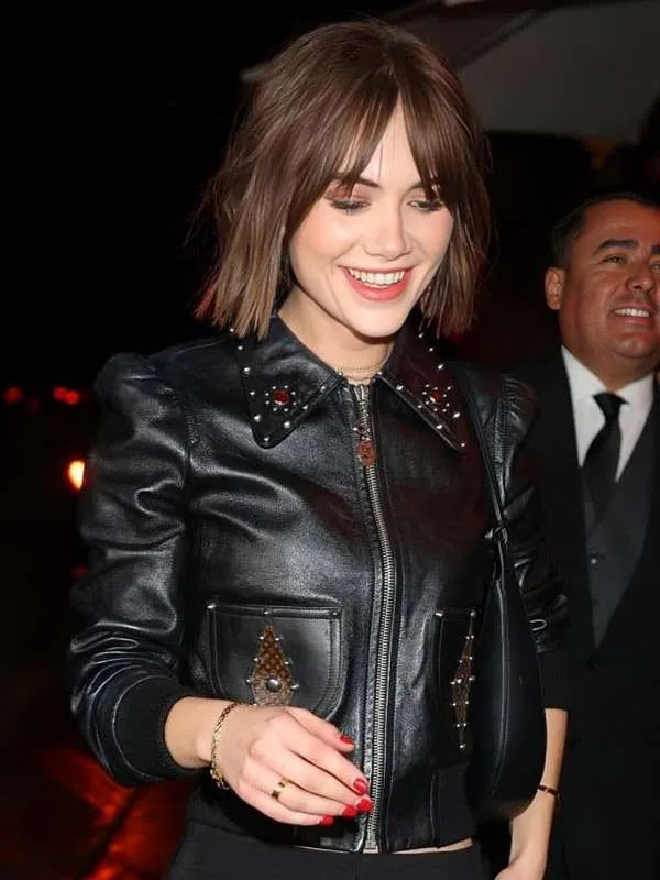 LA 2026 Emilia Jones Black Bomber Leather Jacket