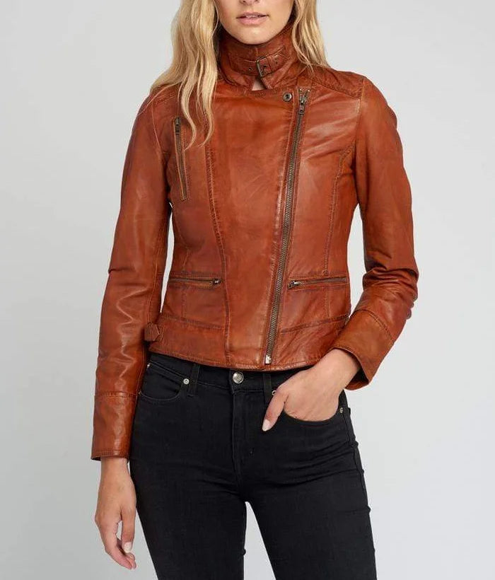 Monica Leather Jacket for Women | Tan Brown Biker Jacket