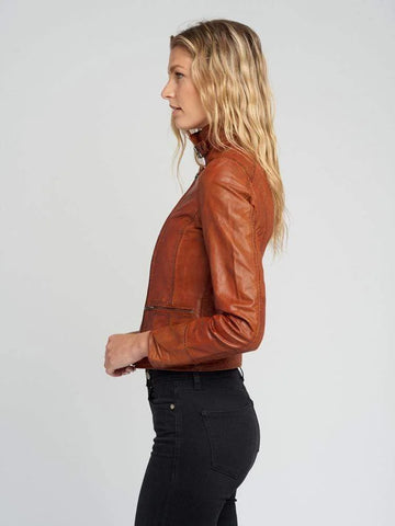 Monica Leather Jacket for Women | Tan Brown Biker Jacket