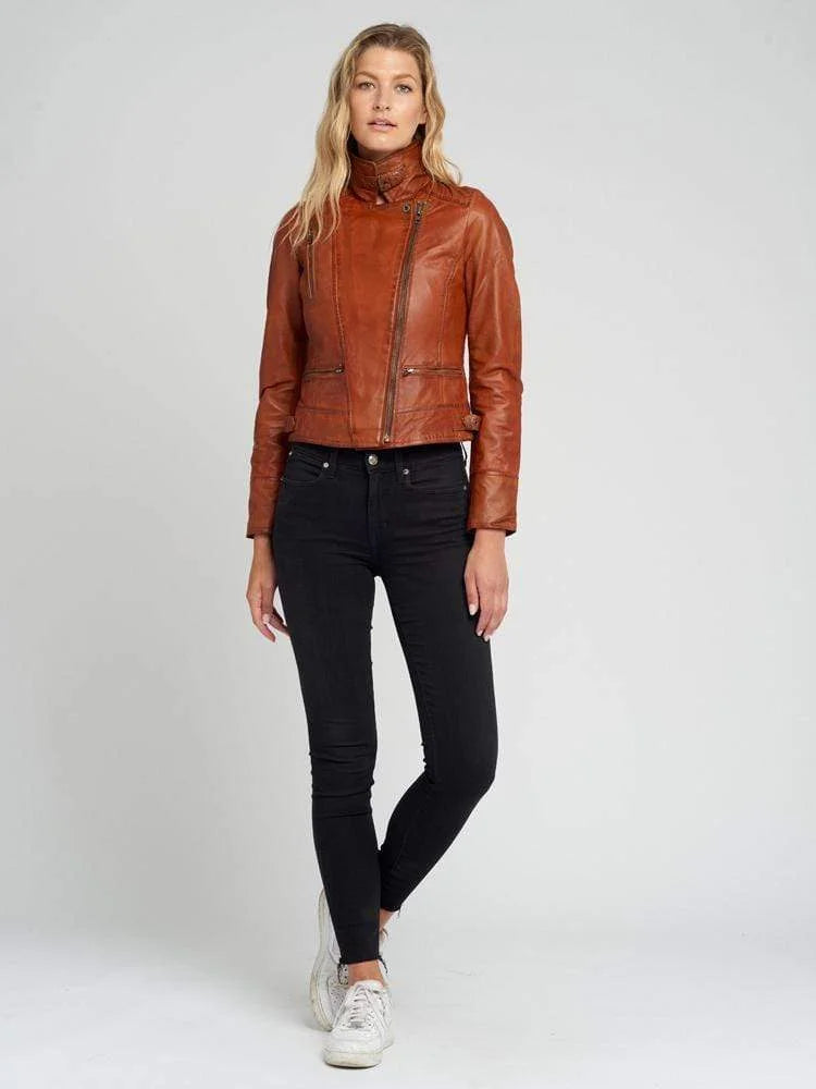 Monica Leather Jacket for Women | Tan Brown Biker Jacket