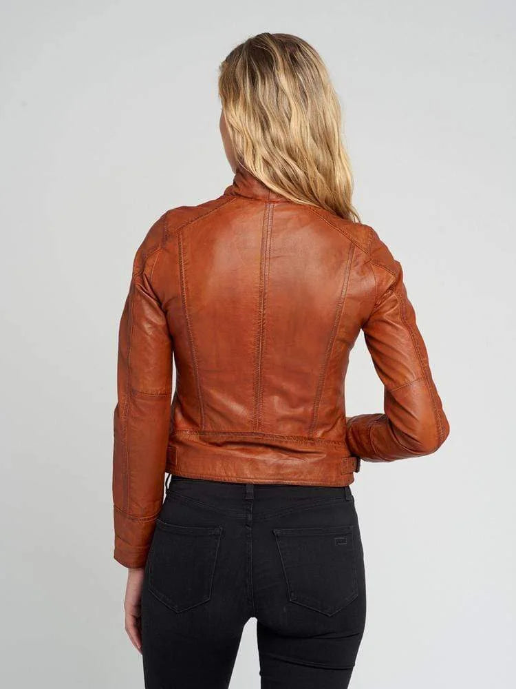 Monica Leather Jacket for Women | Tan Brown Biker Jacket