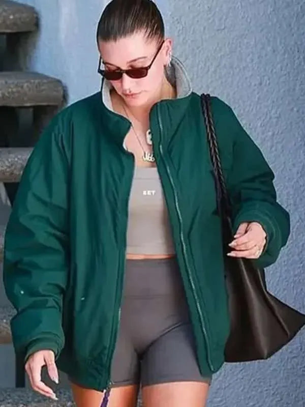 LosAngeles2024HaileyBieberPilatesClassGreenBomberJacket_1
