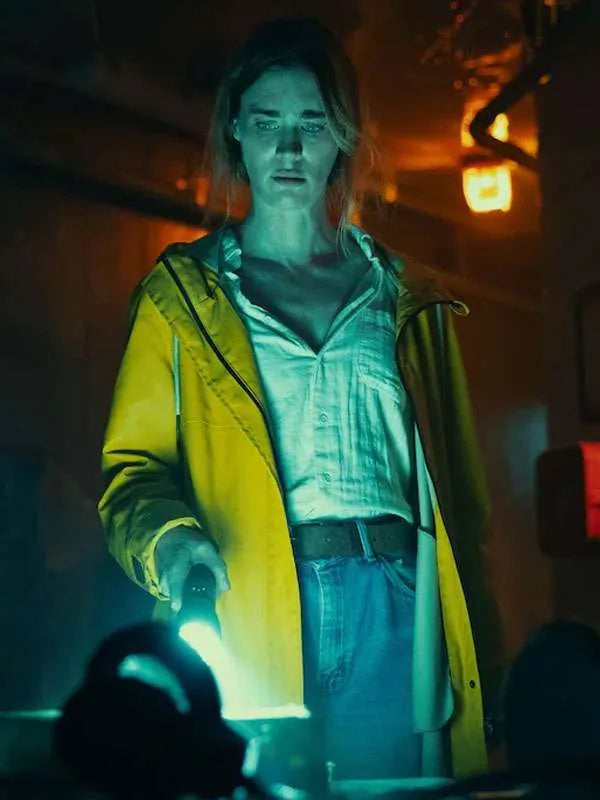 Below 2026 Mackenzie Davis Yellow Hooded Coat
