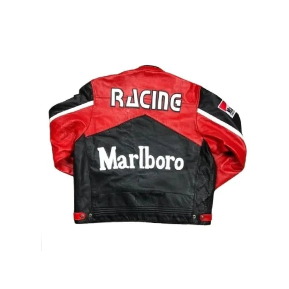 Marlboro Vintage Racing Red & Whit Biker Unisex Leather Jacket