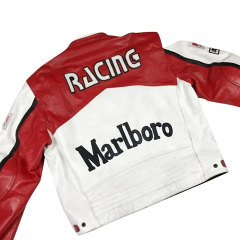 Marlboro Vintage Racing Red & Whit Biker Unisex Leather Jacket