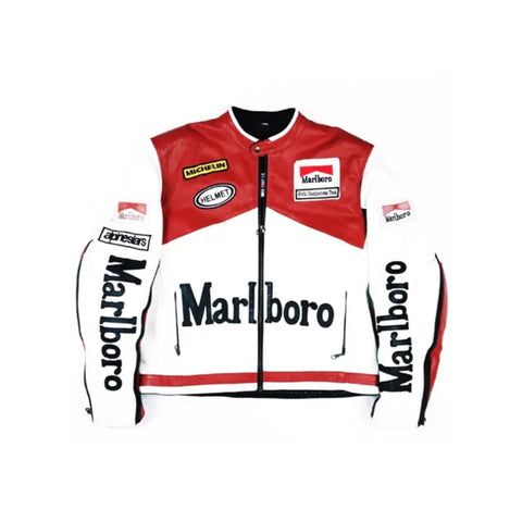 Marlboro Vintage Racing Red & Whit Biker Unisex Leather Jacket