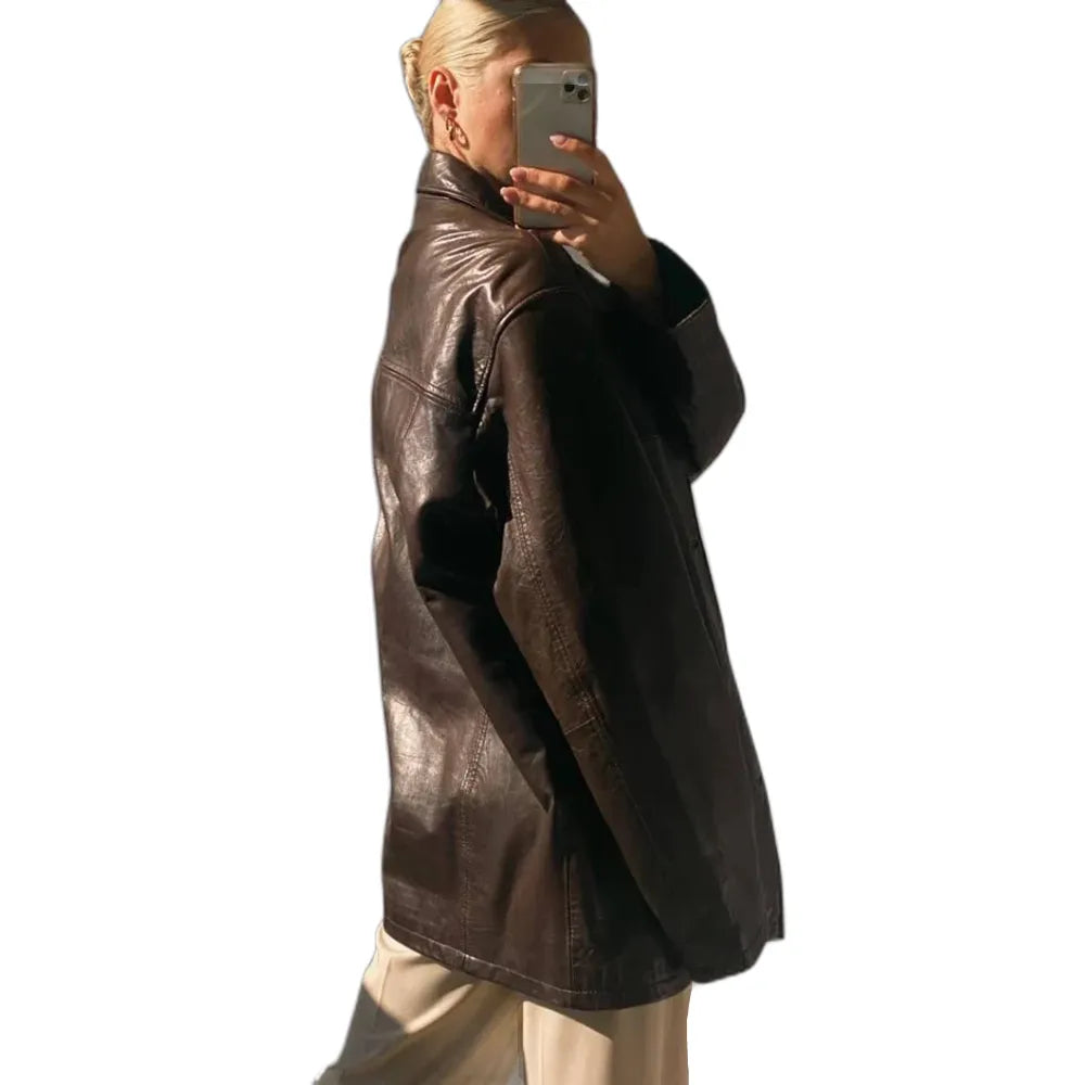 Women's Brown Vintage Oversized Leather Coat