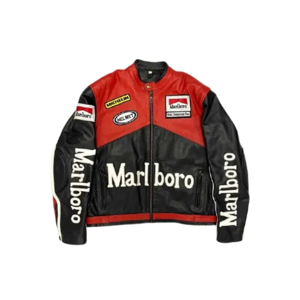 Marlboro Vintage Racing Red & Whit Biker Unisex Leather Jacket