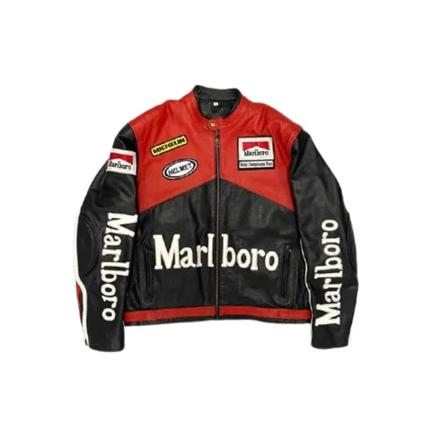 Marlboro Vintage Racing Red & Whit Biker Unisex Leather Jacket