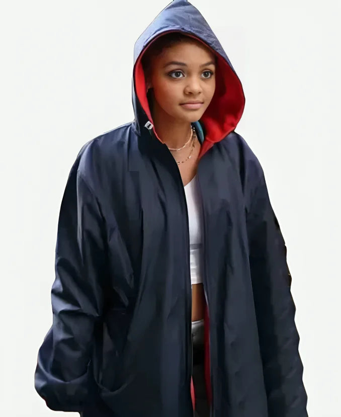 Mattie Franklin Movie Madame Web 2024 Celeste Oâ€™Connor Blue Parachute Coat