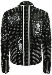 Men's Brando Studded Multi Patches Punk Black Leather Jacket