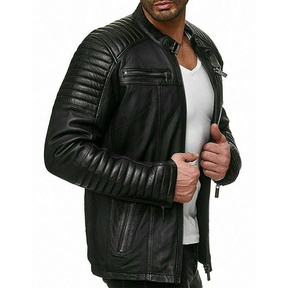 Black Café Racer Retro Slim fit Biker Quilted Motorcycle Distressed Leather Jacket
