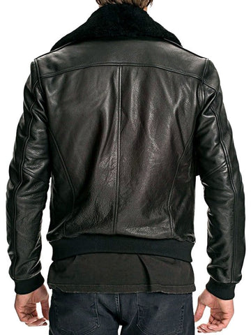 MENS AIR FORCE LEATHER BOMBER JACKET FUR COLLAR BLACK