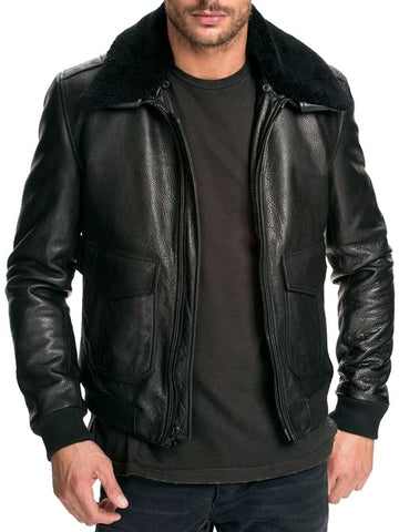 MENS AIR FORCE LEATHER BOMBER JACKET FUR COLLAR BLACK