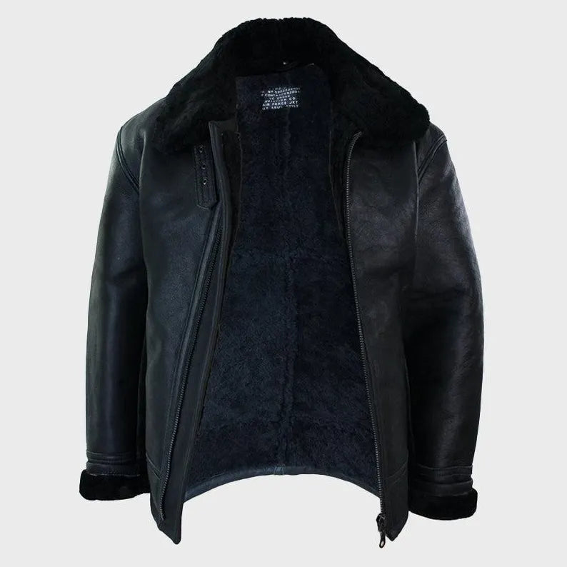 Men’s Black Shearling Leather Jacket with Turn-Down Collar Winter Warm Jacket