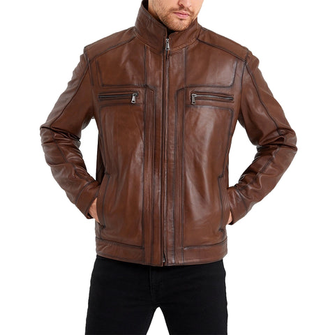 Bomber Brown Leather Jacket For Mens