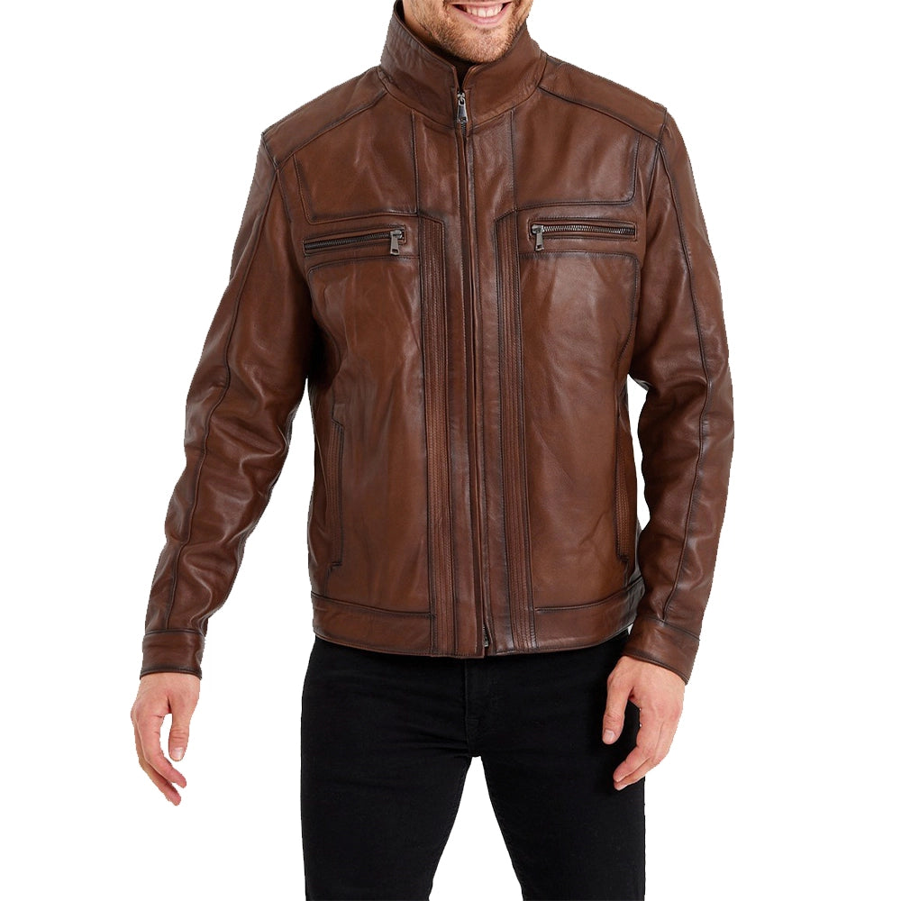 Bomber Brown Leather Jacket For Mens