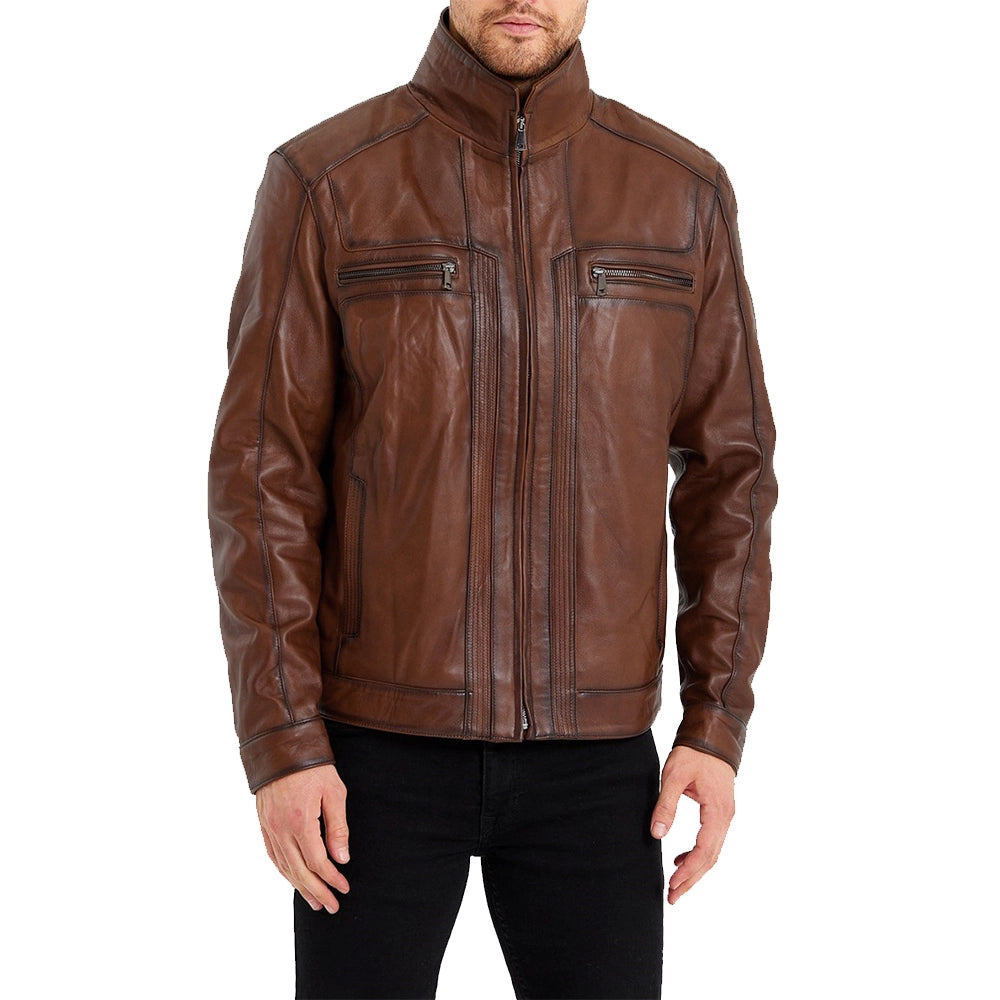 Bomber Brown Leather Jacket For Mens