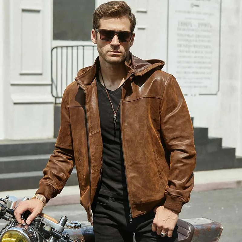 Biker Bomber Jacket for Men | Detachable Hood Leather Jacket