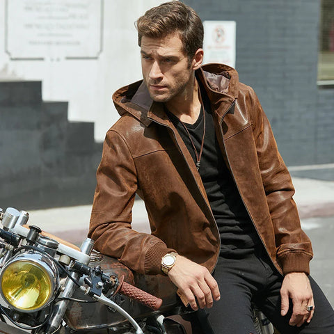 Biker Bomber Jacket for Men | Detachable Hood Leather Jacket