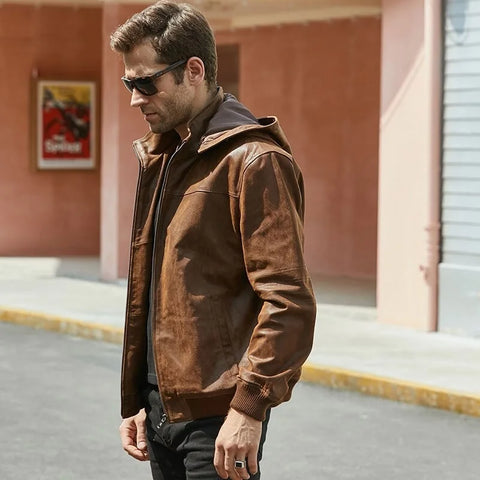 Biker Bomber Jacket for Men | Detachable Hood Leather Jacket