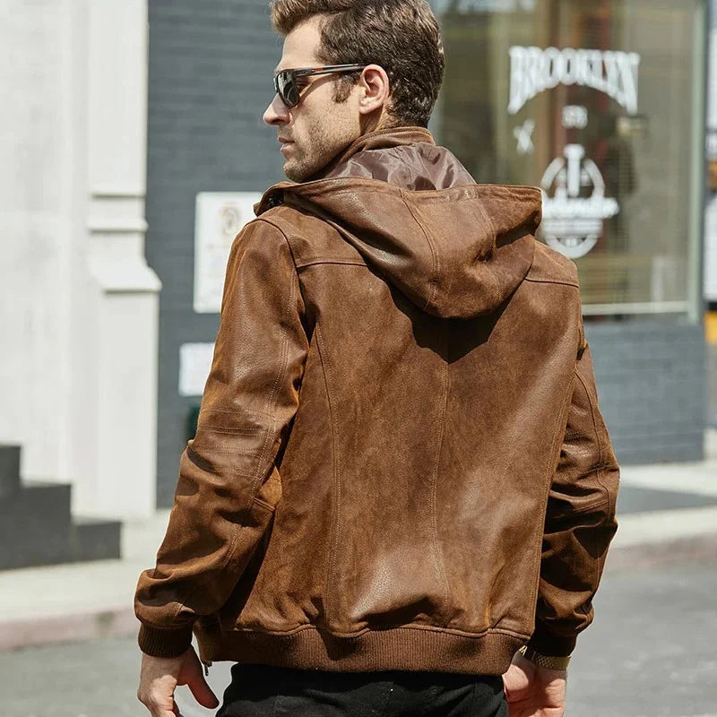 Biker Bomber Jacket for Men | Detachable Hood Leather Jacket