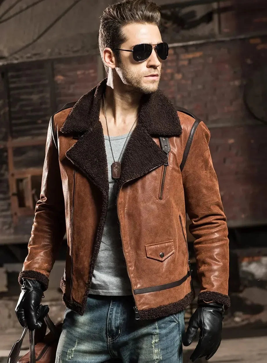 Shearling Leather Jacket | Brown Fur Lapel Sheepskin Jacket