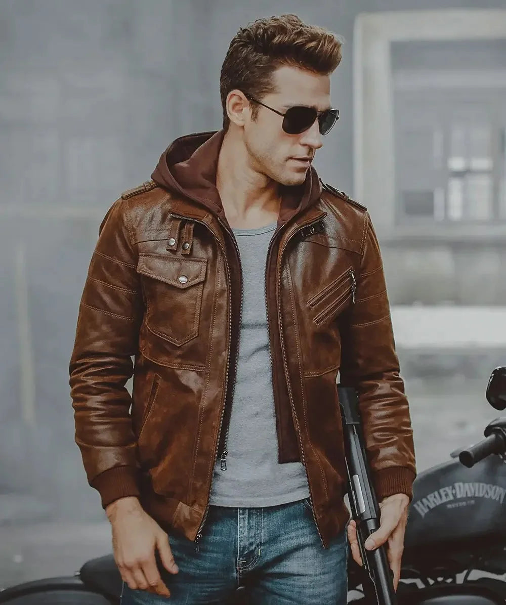 Mens Brown Leather Jacket | Men's Removable Hood Bomber Jacket