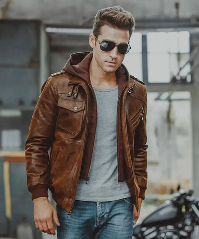 Mens Brown Leather Jacket | Men's Removable Hood Bomber Jacket