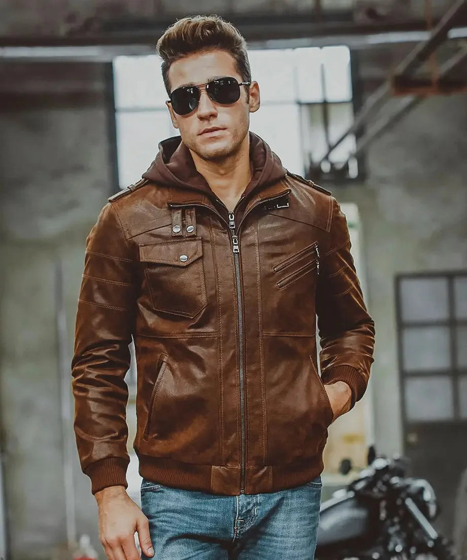 Mens Brown Leather Jacket | Men's Removable Hood Bomber Jacket