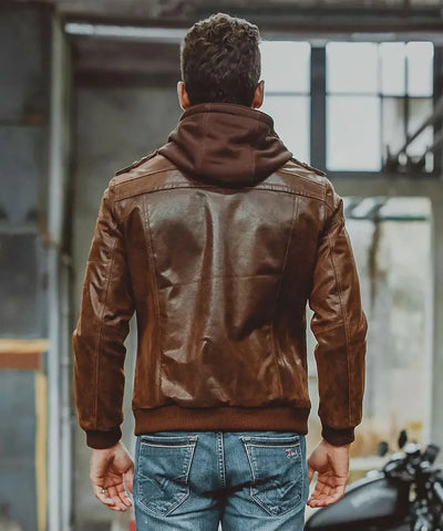 Mens Brown Leather Jacket | Men's Removable Hood Bomber Jacket