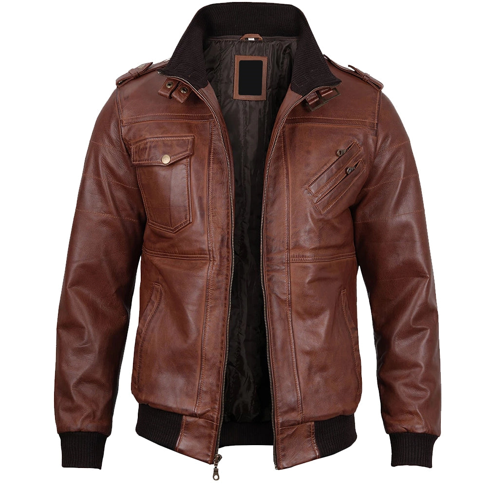 Brown Hooded Leather Jacket For Mens