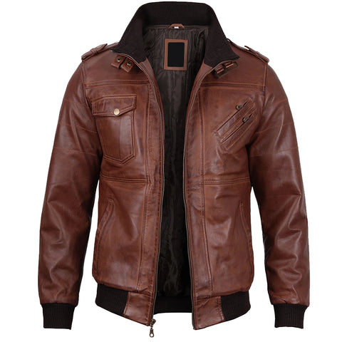Brown Hooded Leather Jacket For Mens
