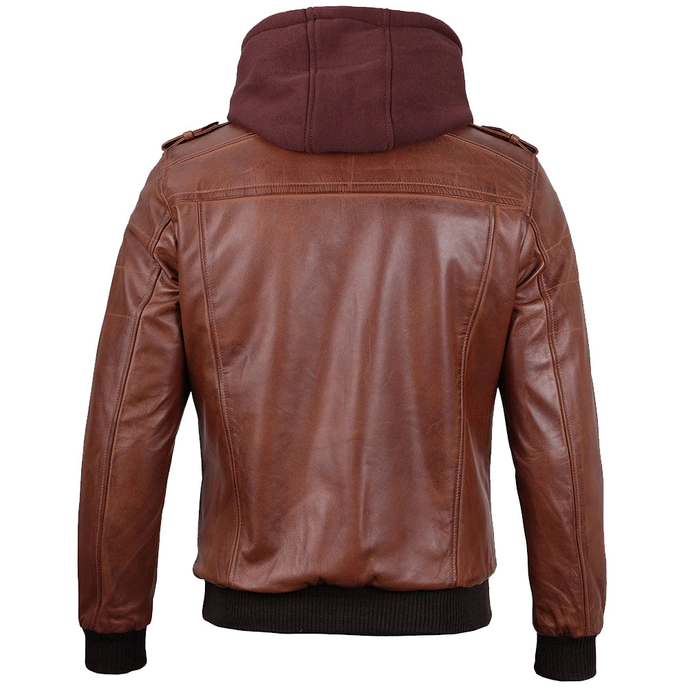 Brown Hooded Leather Jacket For Mens