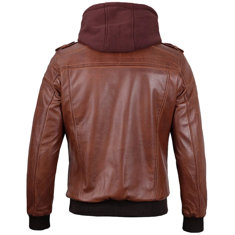 Brown Hooded Leather Jacket For Mens