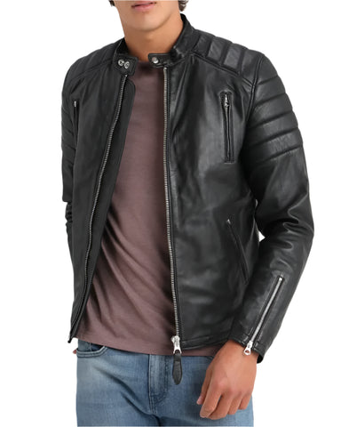 Vieno Mens Cafe Racer Leather Jacket