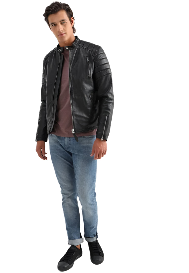 Vieno Mens Cafe Racer Leather Jacket