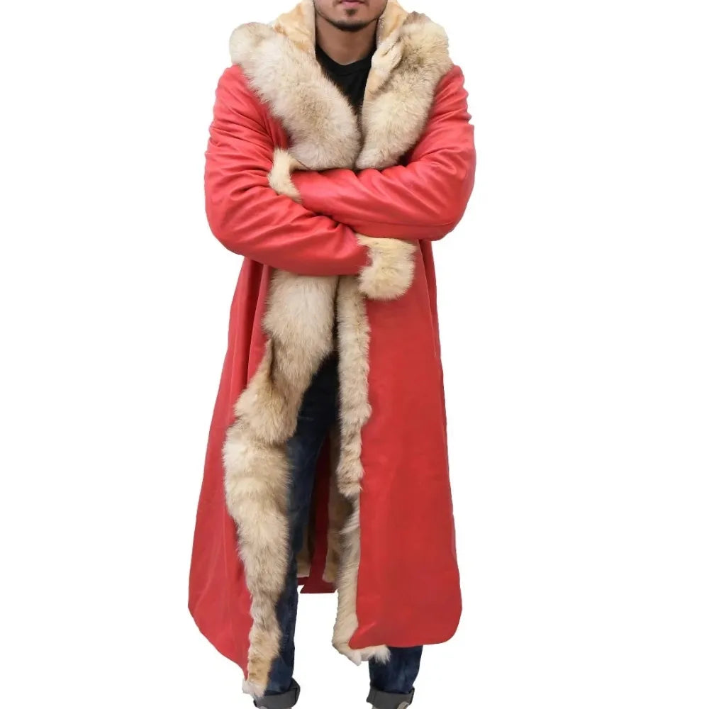 Kurt Russell The Santa Claus Chronicles Shearling Red Leather Long Coat | Fur Trench Coat