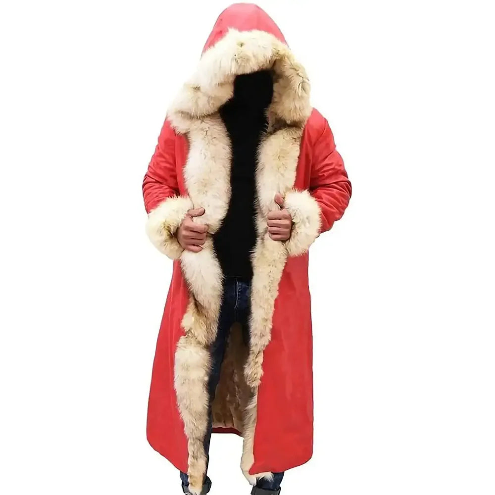 Kurt Russell The Santa Claus Chronicles Shearling Red Leather Long Coat | Fur Trench Coat