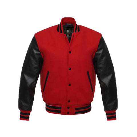 Red Wool & Leather Sleeves Varsity Jacket