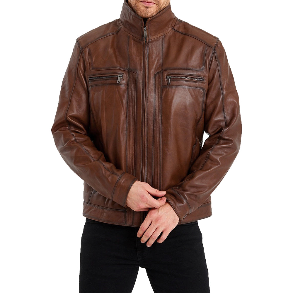 Bomber Brown Leather Jacket For Mens