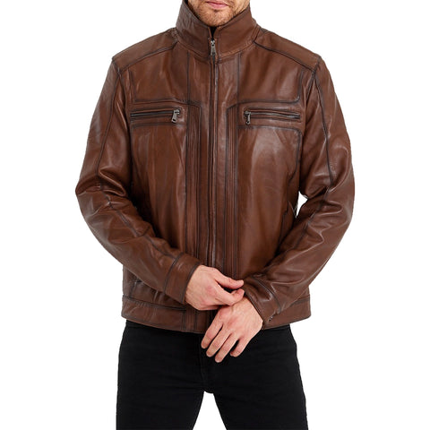 Bomber Brown Leather Jacket For Mens
